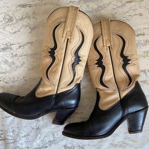 Frye USA Vintage Lizard Black and Cream Leather Cowboy Boots